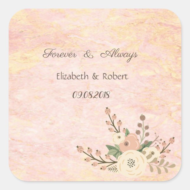 Elegante Chic Rose Marble Floral Wedding Quadratischer Aufkleber (Vorderseite)
