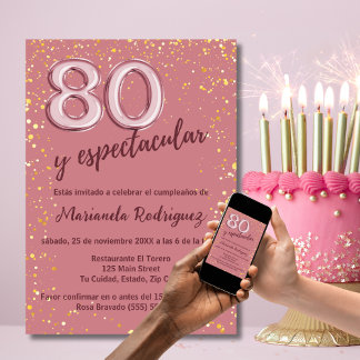 Elegante Chic Rose Pink Gold 80. Geburtstag Spanis Einladung