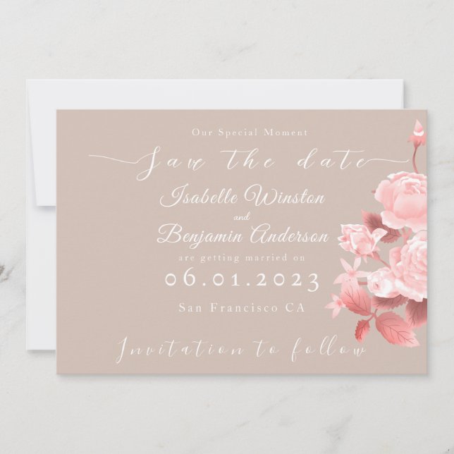 Elegante Chic Rose Save the Date Karte (Vorderseite)