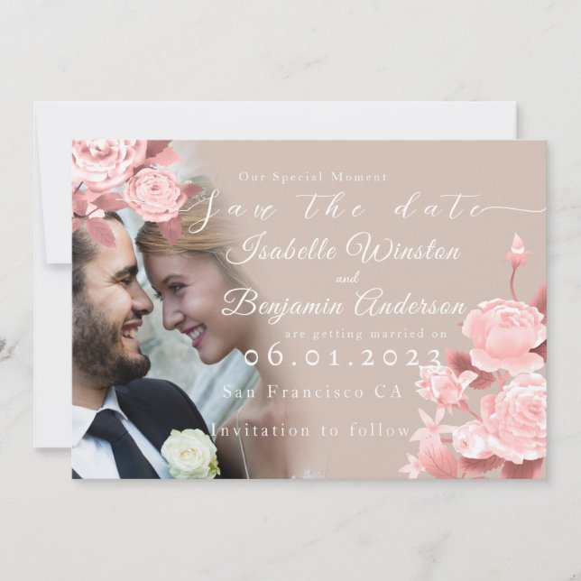 Elegante Chic Rose Save the Date Karte (Vorderseite)