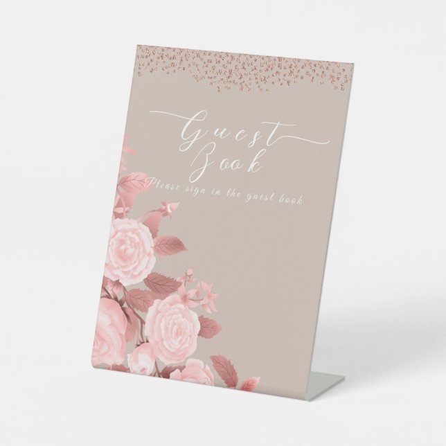 Elegante Chic Rose Wedding Guest Signature Sockelschild (Vorderseite)