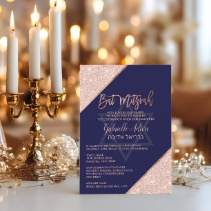 Elegante Chic Roségold Navyblaue Bat Mitzwa Einladung