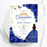 Elegante Chic Royal Blue Rose Gold Quinceanera Einladung<br><div class="desc">Königlich blaue,  goldene und weiße Quinceanera Feier Einladung. Features brünettes Mädchen in Ballkleid,  Skript-Schriftart,  Goldschmetterlinge,  marineblaue Rose und tiara. Ideal für eine elegante Glasfeier im Prinzessinnstil. Personalisieren Sie Ihre persönlichen Daten. Gedruckte Zazzle Einladungen oder Sofortdownload digitalen druckbaren Vorlage.</div>