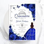 Elegante Chic Royal Blue Silver Floral Quinceanera Einladung<br><div class="desc">Königlich blau,  silber und weiß Quinceanera Feier Einladung. Features brünettes Mädchen in Ballkleid,  Skript-Schriftart,  silberne Schmetterlinge,  blaue Rose und tiara. Ideal für eine elegante Glasfeier im Prinzessinnstil. Personalisieren Sie Ihre persönlichen Daten. Gedruckte Zazzle Einladungen oder Sofortdownload digitalen druckbaren Vorlage.</div>
