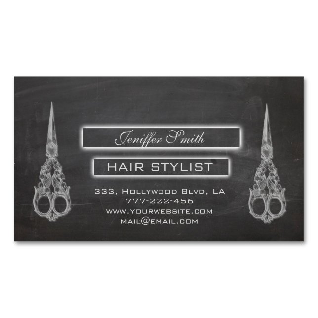 Elegante Chic-Schere Chalkboard-Haarstylistin Magnetische Visitenkarte (Vorderseite)