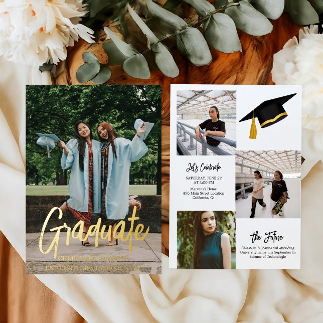 Elegante Chic Typografy Twin Graduation Party Folieneinladung (Von Creator hochgeladen)