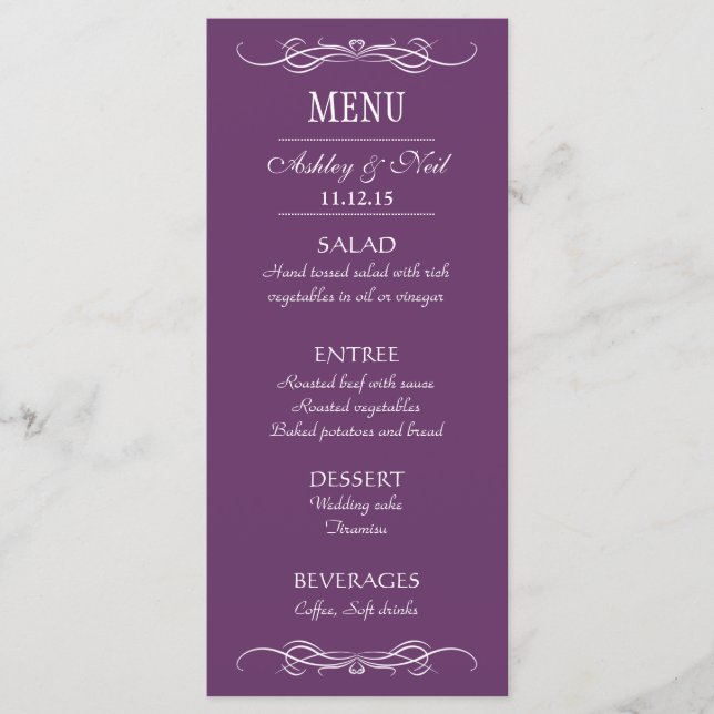 Elegante Chic Violet Wedding Menu Rack Card Menükarte (Vorderseite)