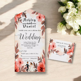 Elegante Chic Watercolor Blumenbräune Hochzeit All In One Einladung