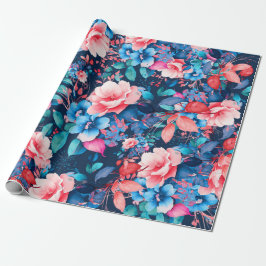 Elegante Chic Watercolor Floral Geburtstag Navy Bl Geschenkpapier