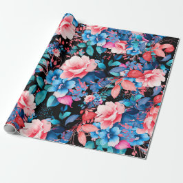Elegante Chic Watercolor Floral Geburtstag Schwarz Geschenkpapier
