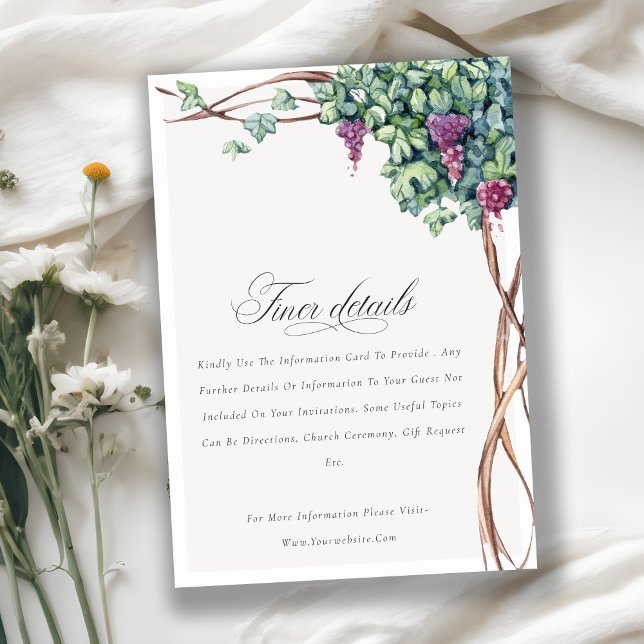 Elegante Chic Watercolor Grapevine Hochzeit Detail Begleitkarte (Von Creator hochgeladen)