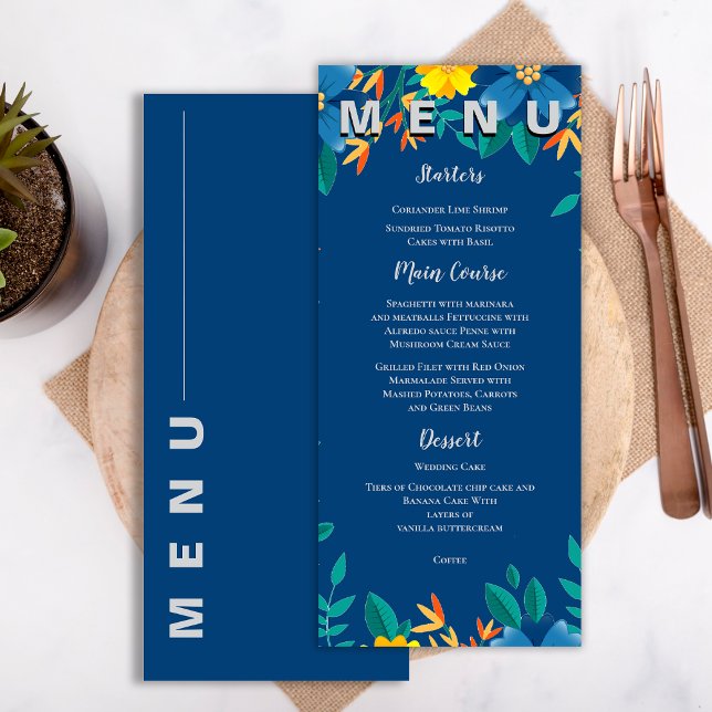Elegante Chic Yellow and Blue Floral Wedding Party Menükarte (Elegant Chic Yellow and Blue Floral Wedding Party Menu)