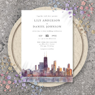 Elegante Chicago-Skyline-Aquarell-Hochzeit Einladung