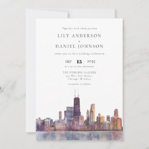 Elegante Chicago-Skyline-Aquarell-Hochzeit Einladung