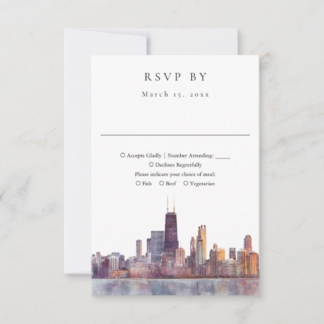 Elegante Chicago Skyline-Aquarell-Hochzeit RSVP Karte (Vorderseite)
