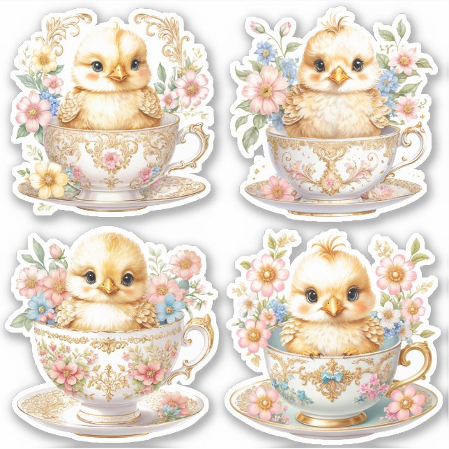 Elegante Chicks im Teacup - Blumendesign Aufkleber (Vorderseite)