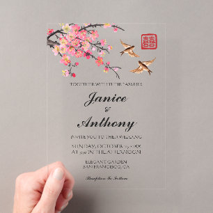 Elegante chinesische Blumen Vögel Hochzeit Acryleinladungen