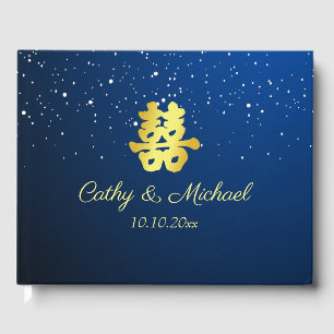 Elegante chinesische Hochzeitsschneeflocke in navy Gästebuch