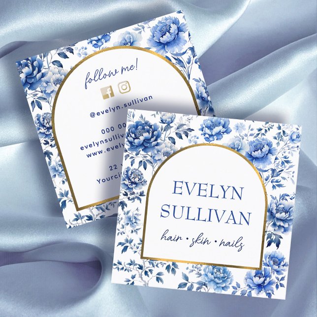 Elegante Chinoiserie Blau-Blumen Quadratische Visitenkarte (Von Creator hochgeladen)
