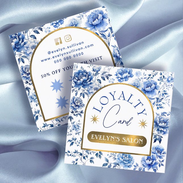 Elegante Chinoiserie Blaue Blumen Treuekarte Quadratische Visitenkarte (Von Creator hochgeladen)