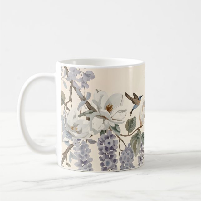Elegante Chinoiserie Blumen & Vögel Kaffeetasse (Links)