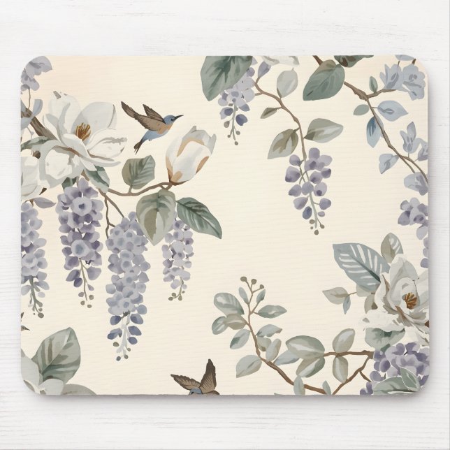 Elegante Chinoiserie Blumen & Vögel Mousepad (Vorne)