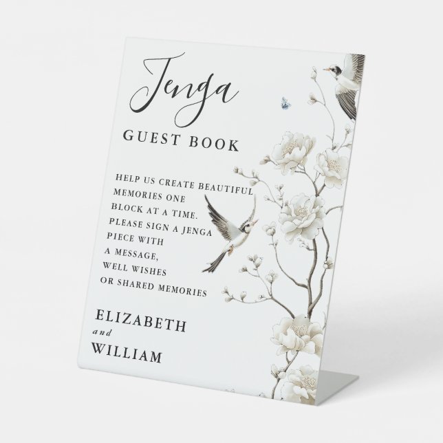 Elegante Chinoiserie Floral Jenga Gästebuch Hochze Sockelschild (Vorderseite)