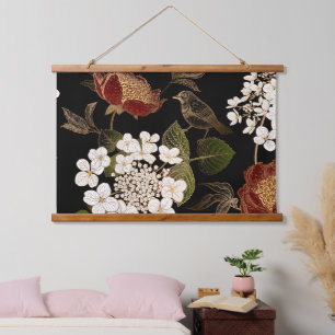 Elegante Chinoiserie Inspiriert Blumenblumen Wandteppich Mit Holzrahmen