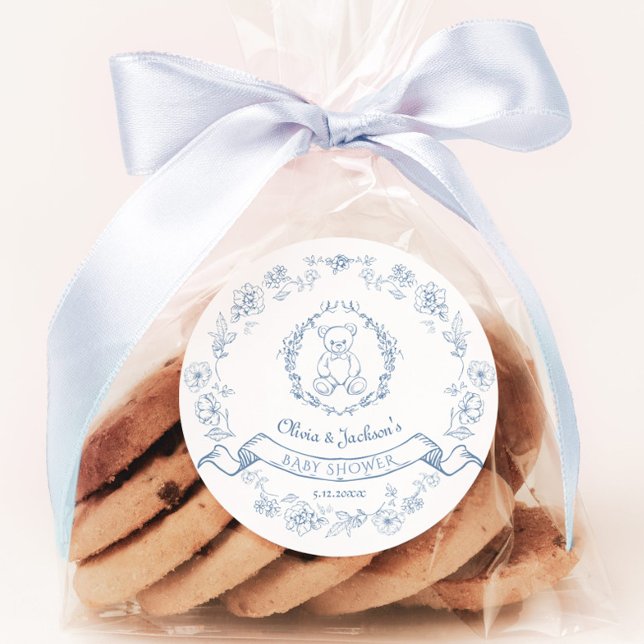 Elegante Chinoiserie Kranzteddy Bär Babydusche Runder Aufkleber (Von Creator hochgeladen)