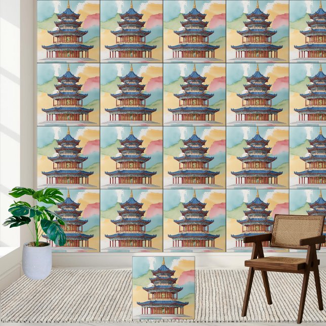 Elegante Chinoiserie Pagoda Tempel Fliese (Elegant Chinoiserie Pagoda Temple Watercolor Tile)