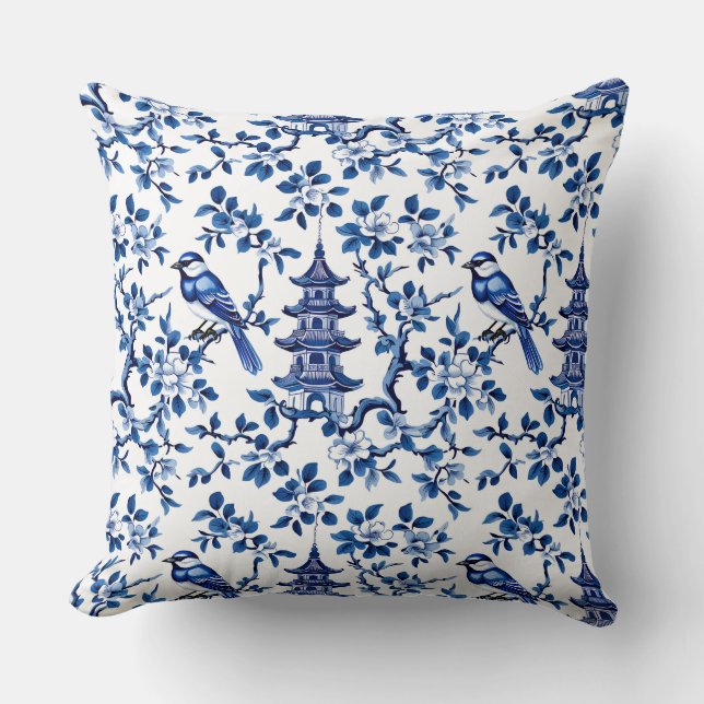 Elegante Chinoiserie Pagoda und Vögel Kissen (Vorderseite)