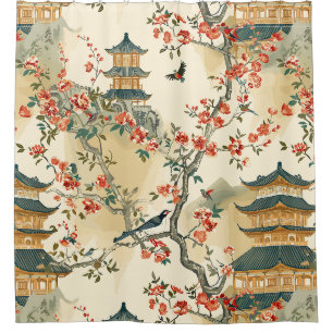 Elegante Chinoiserie - Pagoden, Blüten und Vögel Duschvorhang