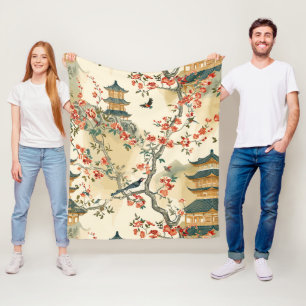Elegante Chinoiserie - Pagoden, Blüten und Vögel Fleecedecke