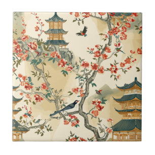 Elegante Chinoiserie - Pagoden, Blüten und Vögel Fliese