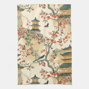 Elegante Chinoiserie - Pagoden, Blüten und Vögel Geschirrtuch