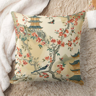 Elegante Chinoiserie - Pagoden, Blüten und Vögel Kissen