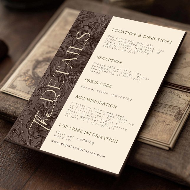 Elegante Chocolate Mocha Wedding Details Card Begleitkarte (Share important wedding details with guests using this matching chocolate mocha embossed floral deta)