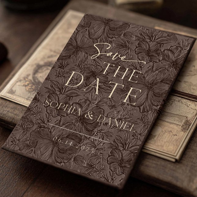 Elegante Chocolate Mocha Wedding Save The Date (Announce your special day with this elegant chocolate mocha embossed floral Save the Date card. Desi)