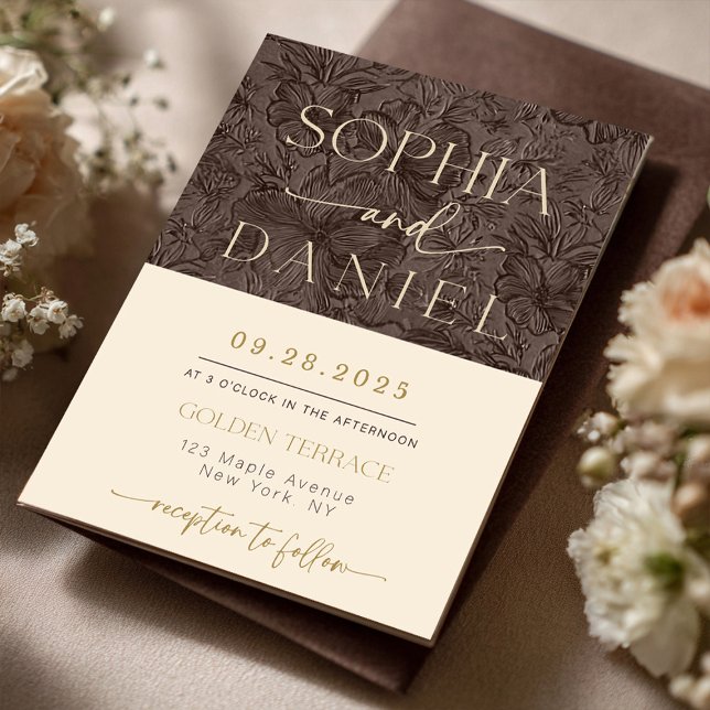 Elegante Chocolate Mocha Wedding Templat Einladung (Elegant Chocolate Brown Mocha Gold Foil Wedding Template Invitation | Elegant Chocolate Brown Emboss)