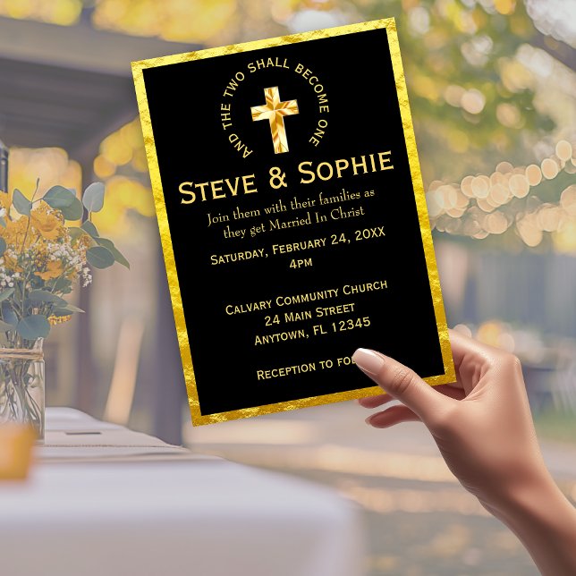 Elegante Christliche Cross Black Wedding Einladung (Elegant Gold Christian Cross Black Wedding Invitation)