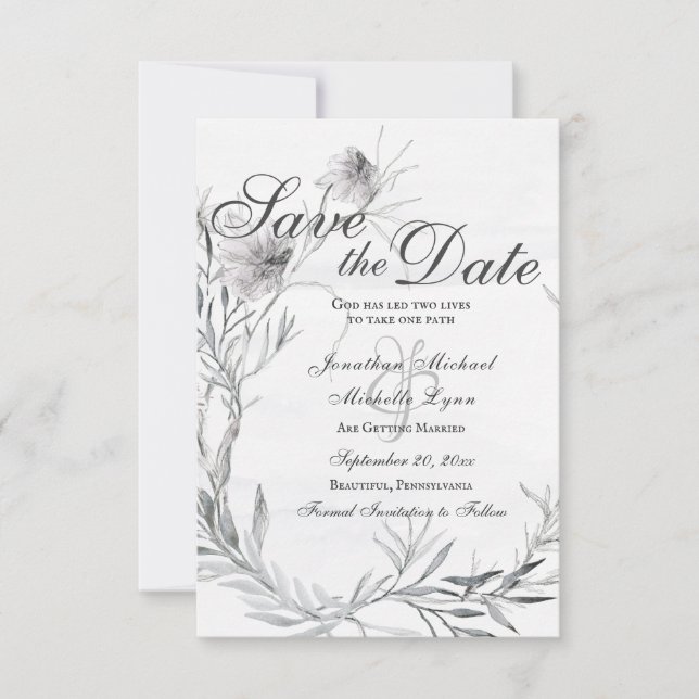 Elegante Christliche Hochzeit mit grauer Flora Save The Date (Vorderseite)