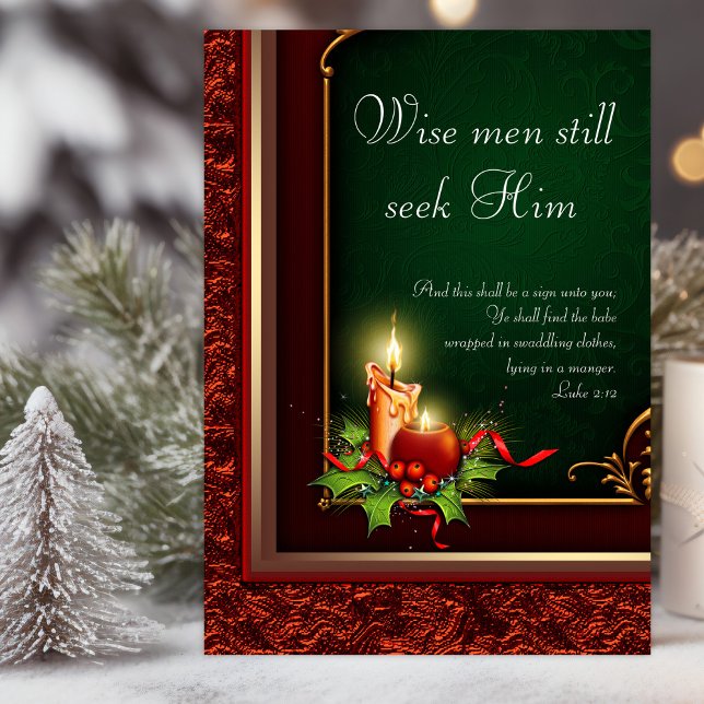 Elegante Christliche Weihnachtskarten Feiertagskarte (Christian Christmas card with candles and holly on a beautiful red, green and gold background.)
