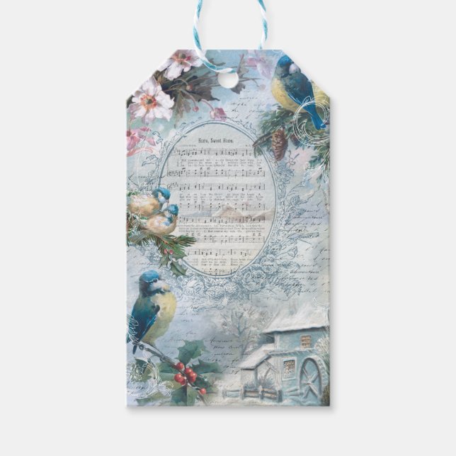 Elegante Christmas Bluebirds und Music Ephemera Geschenkanhänger (Vorderseite)
