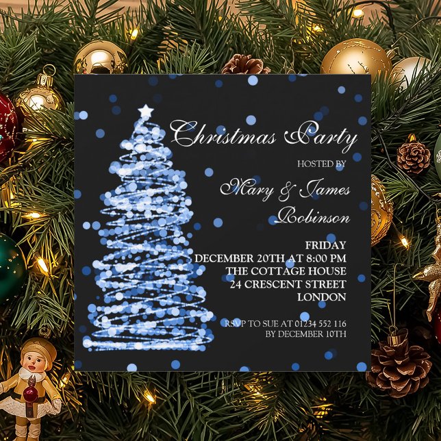 Elegante Christmas Bokeh Tree Holiday Party Blue Einladung (Elegant Christmas Bokeh Tree Holiday Party Blue Invitation)