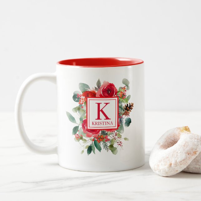 Elegante Christmas Floral Monogram Zweifarbige Tasse (Mit Donut)