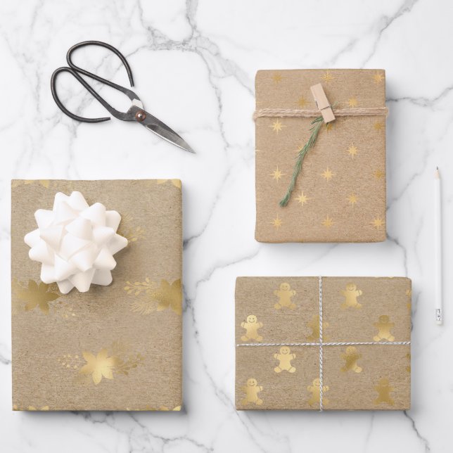 Elegante Christmas Gold Kraft   Geschenkpapier Set (Vorderseite)