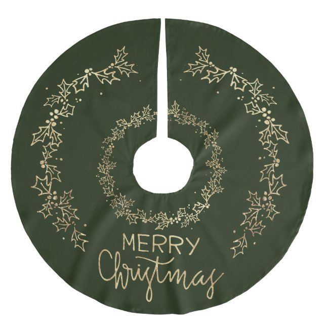Elegante Christmas Green und Gold Holly Polyester Weihnachtsbaumdecke (Vorderseite)