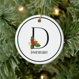 Elegante Christmas Holly Monogram Letter D Keramik Ornament