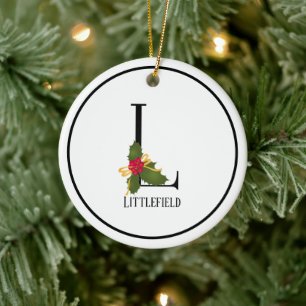 Elegante Christmas Holly Monogram Letter L Keramik Ornament