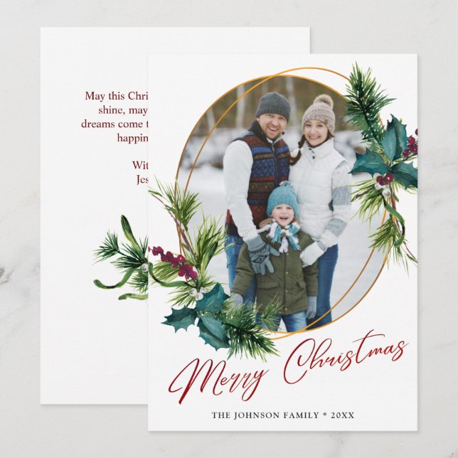 Elegante Christmas Holly Pine Foto Feiertagskarte (Vorne/Hinten)